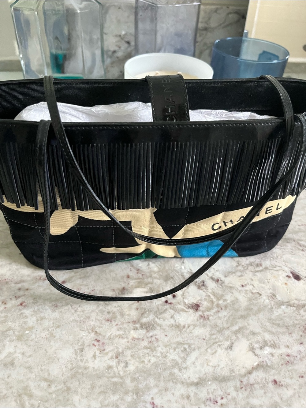CHANEL Patent Canvas Fringe/quilted floral print bag. - Picture 11 of 15